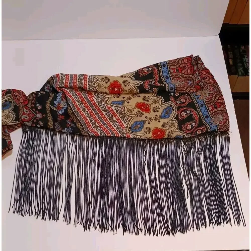 See You Monday Womens Medium Paisley Long Sleeve Black Fringed Cropped Top Boho - Picture 10 of 10